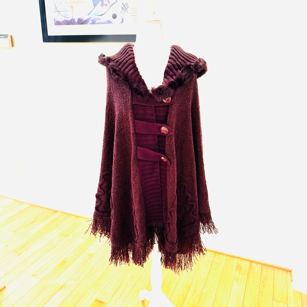Chic Dark Brown Women's Poncho Sweater with Fringe and fur trim on top